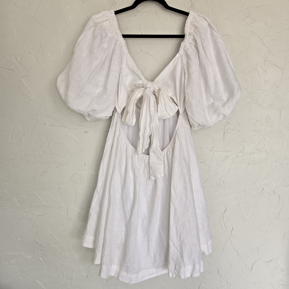 Showpo. Amalie Linen Tie Back Puff Sleeve White Dress, 12 - Picture 11 of 14